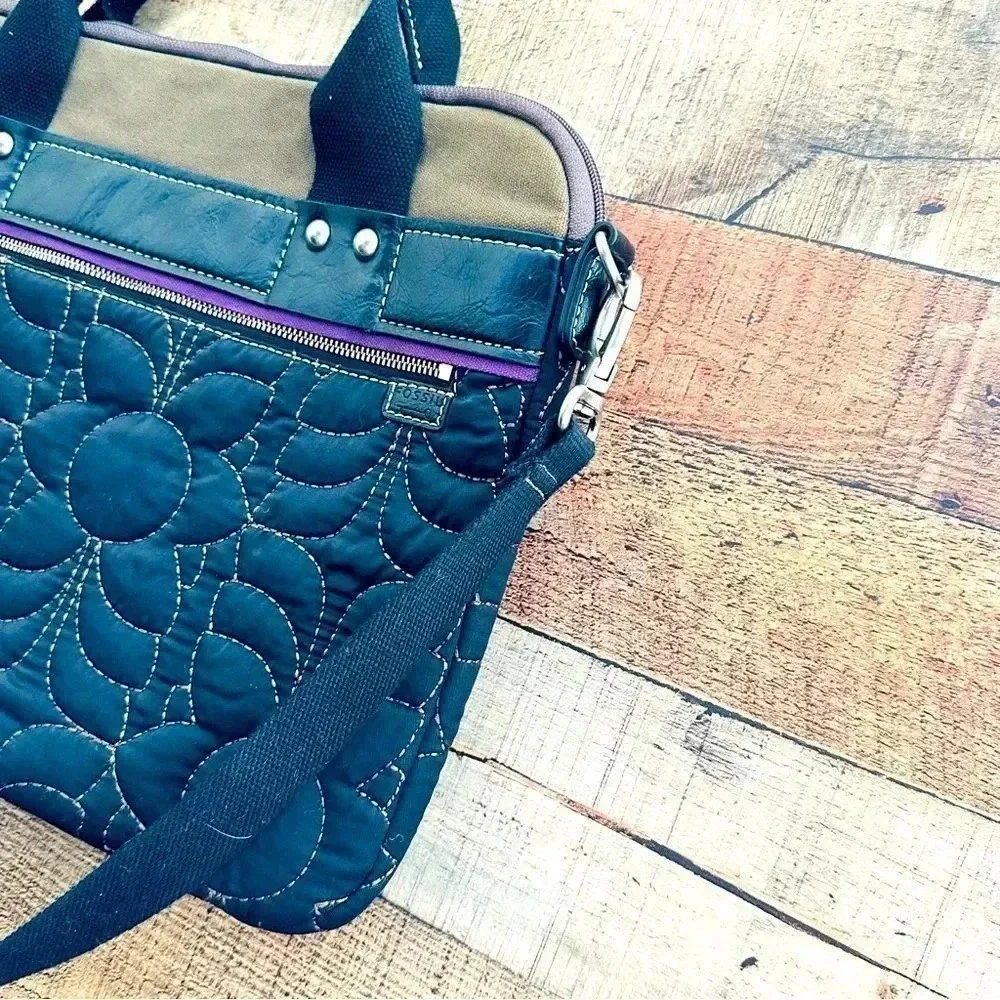 Fossil Key-Per Quilted Padded Laptop Messenger/Crossbody Bag